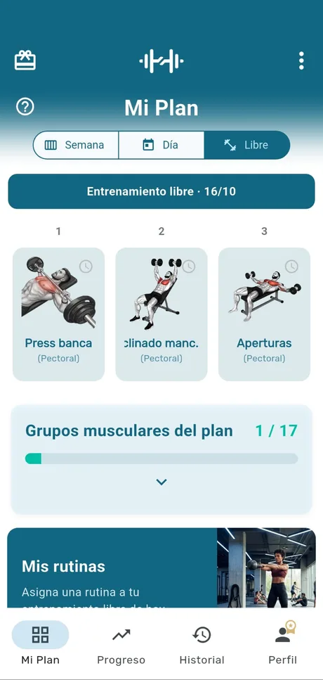 myRoutine app screen: Free workout
